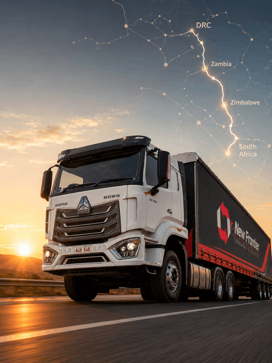 New Frontier branded truck on a cross-border road